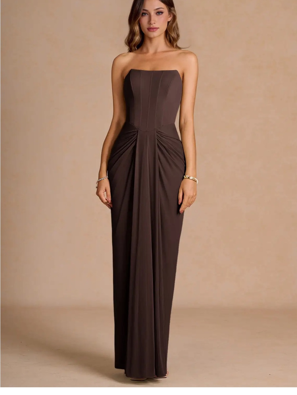 Azazie Strapless Brown Ruched Column Evening Dress